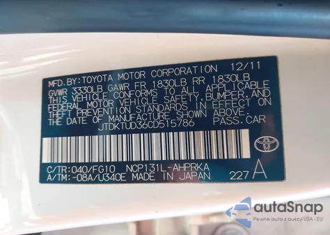 2012 Toyota Yaris Le z USA, uszkodzony, nr VIN JTDKTUD36CD515786